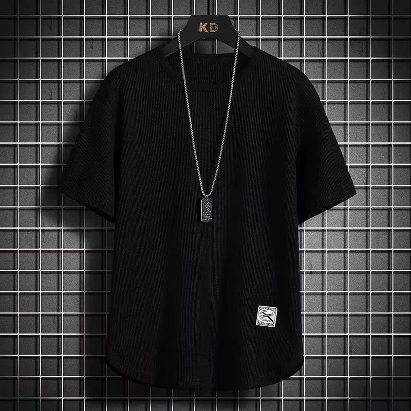 華夫格潮流寬鬆百搭圓領短袖T恤-vivivale