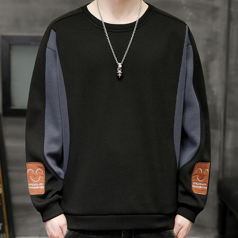 潮流重磅拼接寬鬆大碼圓領打底百搭長袖T恤-vivivale