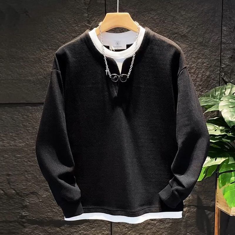 假兩件拼接慵懶風V圓領寬鬆百搭情侶長袖衛衣-vivivale