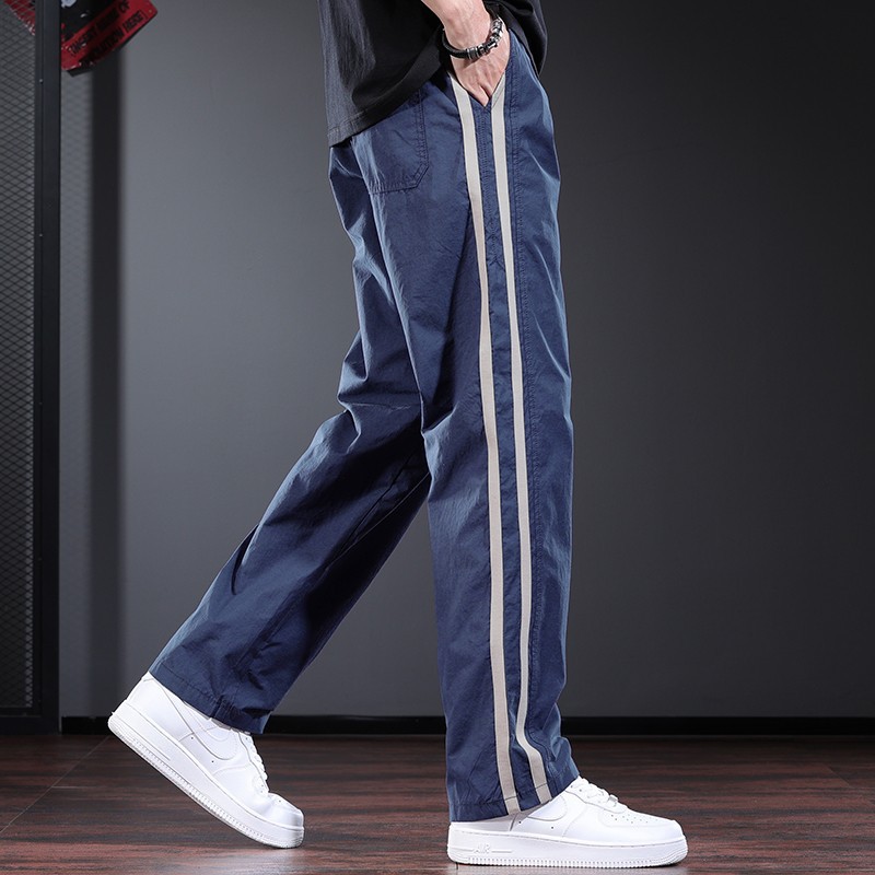 測邊條紋薄款個性設計感寬鬆直筒休閒褲-vivivale