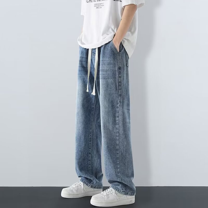 美式高街直筒寬鬆闊腿百搭休閒復古牛仔褲-vivivale