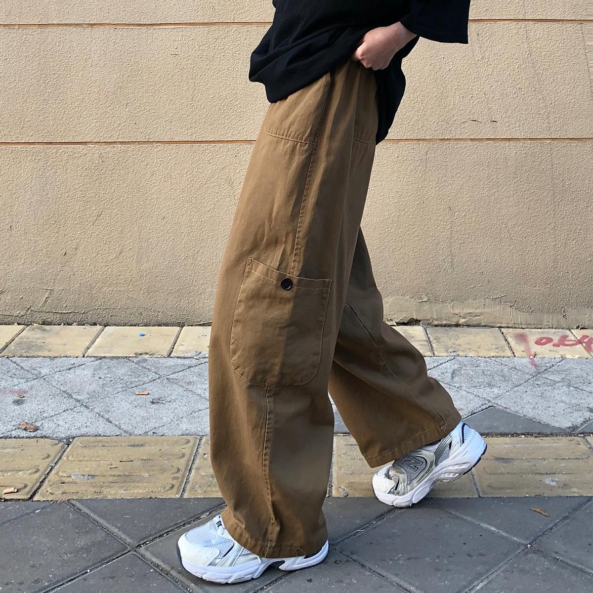 日系大碼休閒復古寬鬆直筒垂感工裝闊腿褲-vivivale