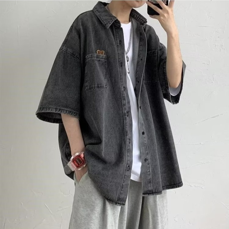 夏季短袖牛仔襯衫男ins潮牌港風日系小眾設計感休閒寬鬆半袖外套