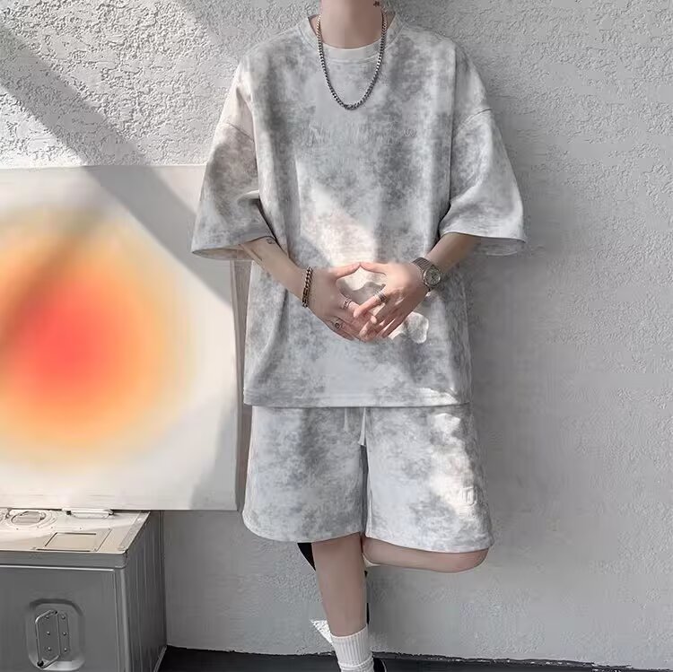 【整套】港風復古美式高街紮染寬松短袖+百搭休閑短褲兩件套裝