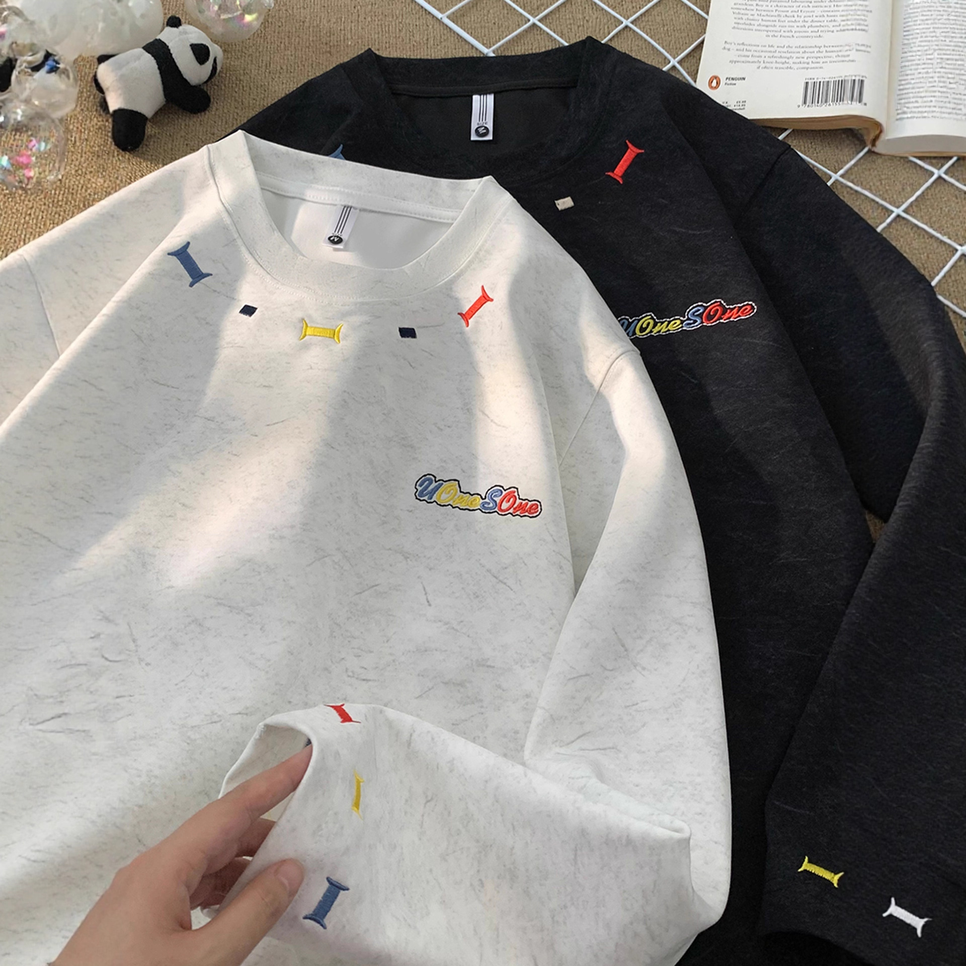 美式重磅寬鬆潮流砂洗彩虹刺繡長袖T恤