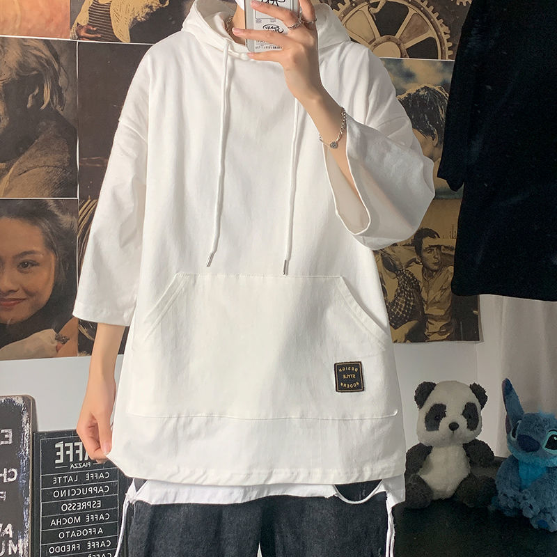 日系連帽衫大口袋套頭七分袖T恤-vivivale