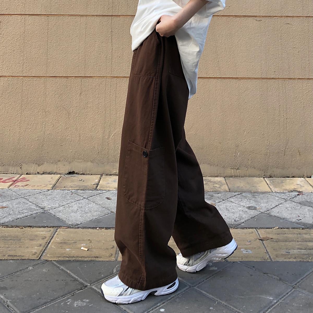 日系大碼休閒復古寬鬆直筒垂感工裝闊腿褲-vivivale