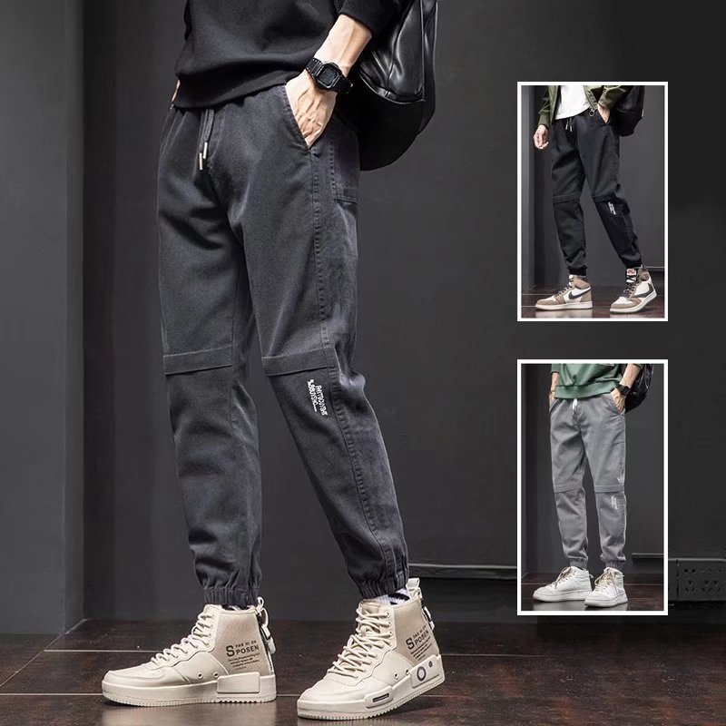 時尚潮流寬鬆休閒加絨運動九分束腳工裝褲-vivivale