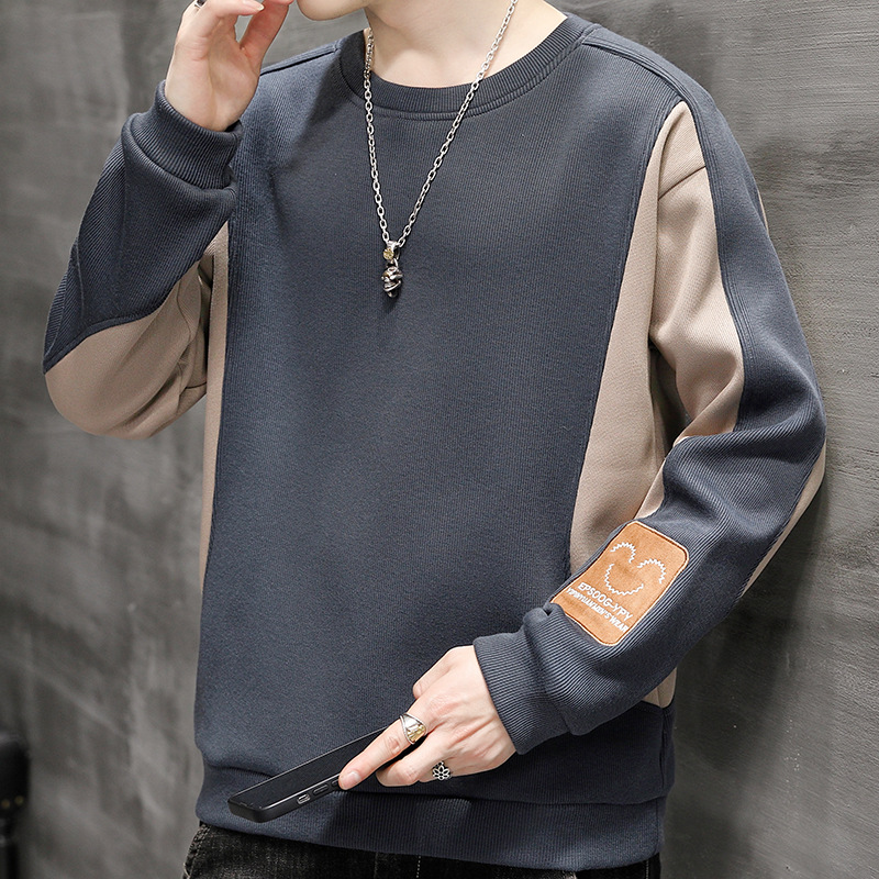 潮流重磅拼接寬鬆大碼圓領打底百搭長袖T恤-vivivale