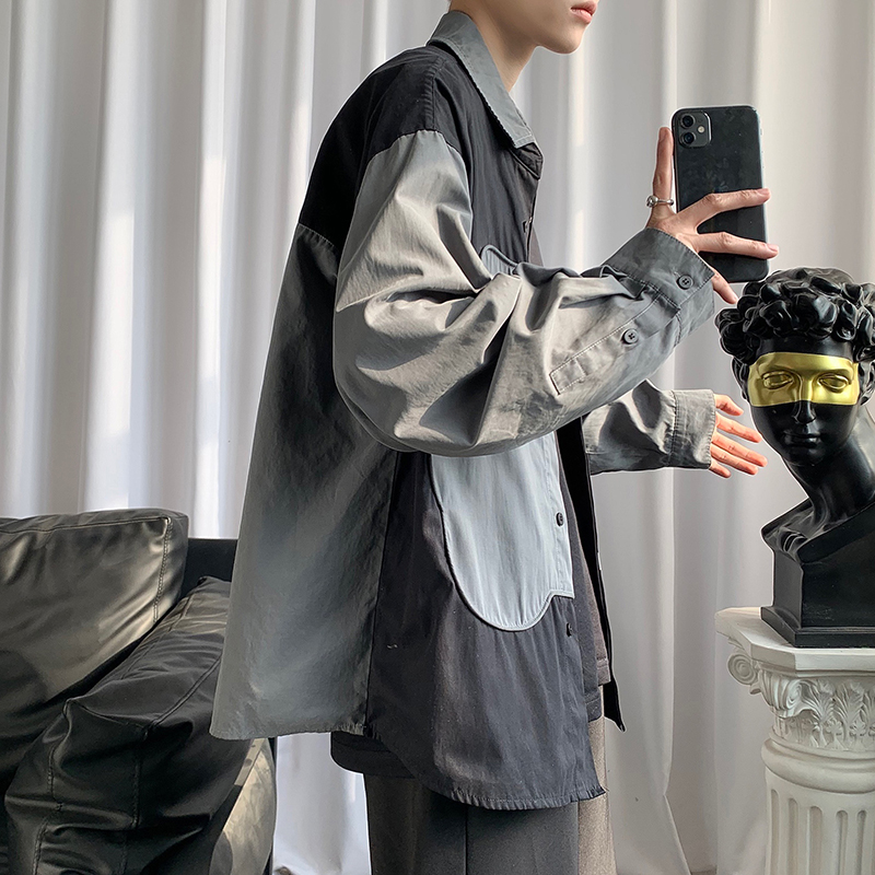 設計感小眾寬鬆bf風長袖趣味小熊拼接襯衫-vivivale