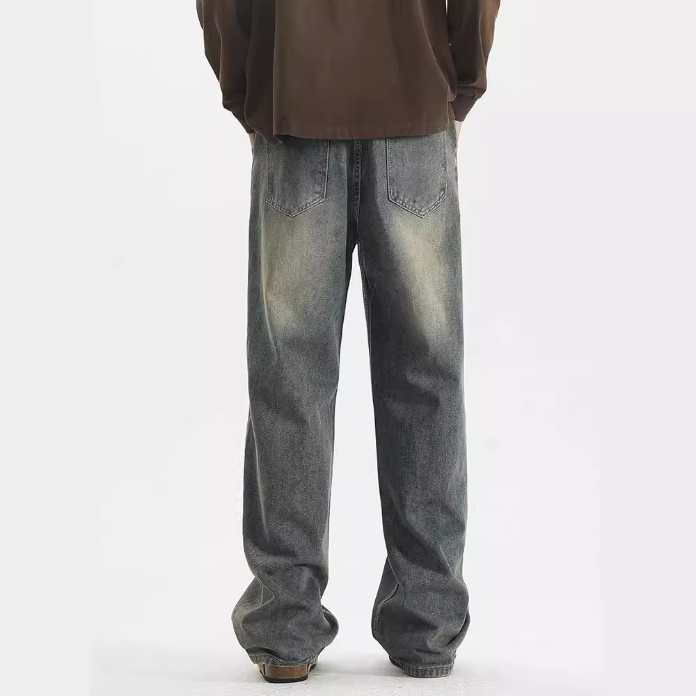 美式復古彎刀牛仔直筒闊腿垂感褲裝-vivivale