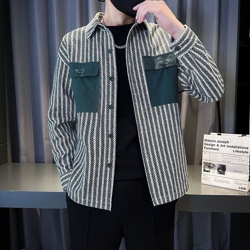 復古英倫風寬鬆口袋痞帥氣質條紋夾克外套-vivivale