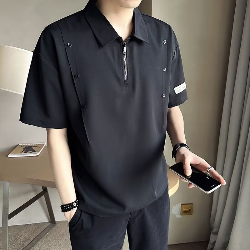 輕熟休閒潮流半拉鍊設計感小眾翻領polo衫短袖-vivivale