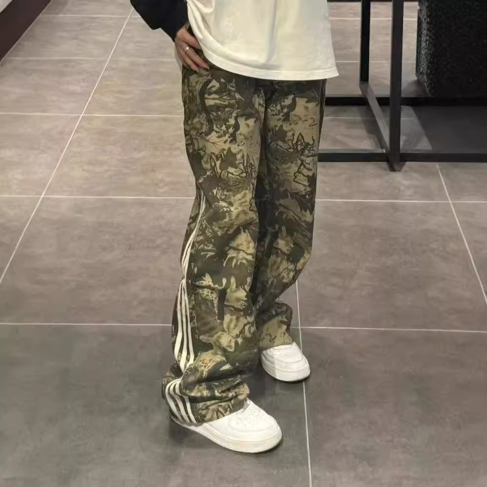 三杠條紋美式復古直筒hiphop迷彩工裝闊腿褲-vivivale