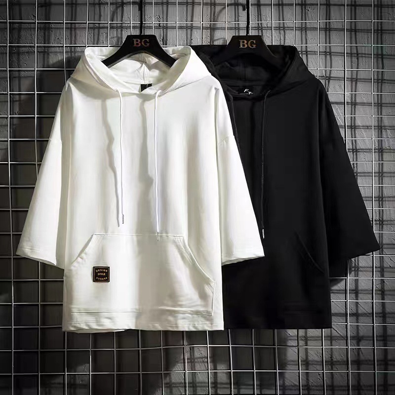 日系連帽衫大口袋套頭七分袖T恤-vivivale