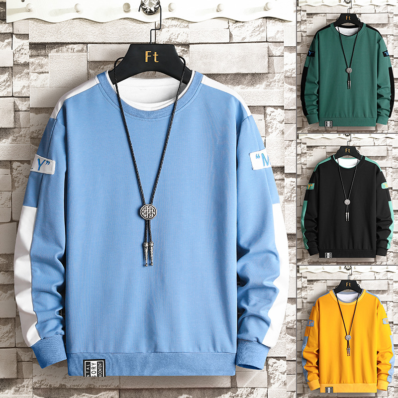 時尚潮流拼色寬鬆圓領長袖T恤休閒衛衣-vivivale