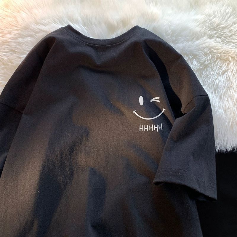 百搭純棉笑臉印花寬鬆圓領簡約短袖-vivivale