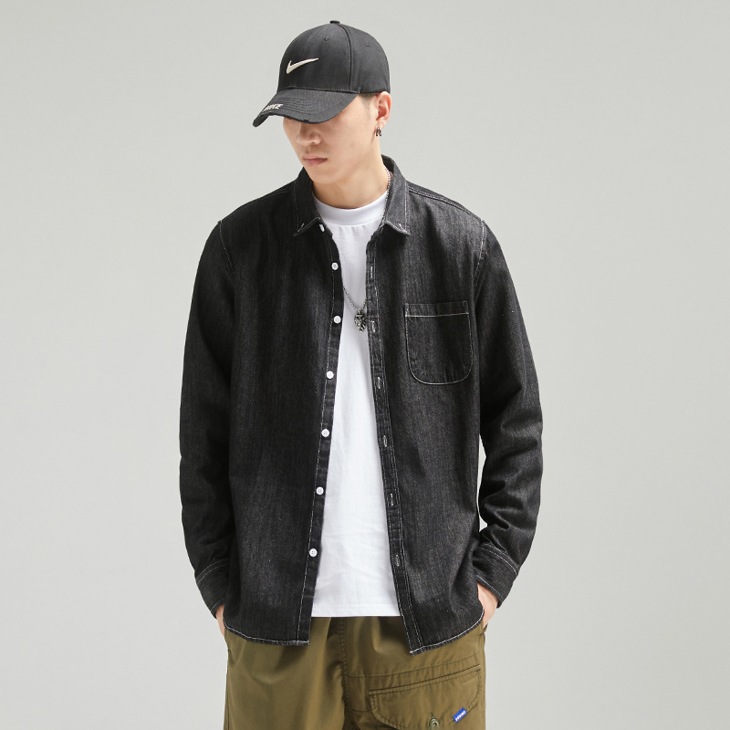 翻領牛仔長袖美式工裝復古襯衫-vivivale