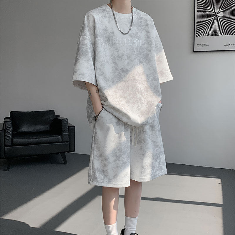 【整套】港風復古美式高街紮染寬松短袖+百搭休閑短褲兩件套裝