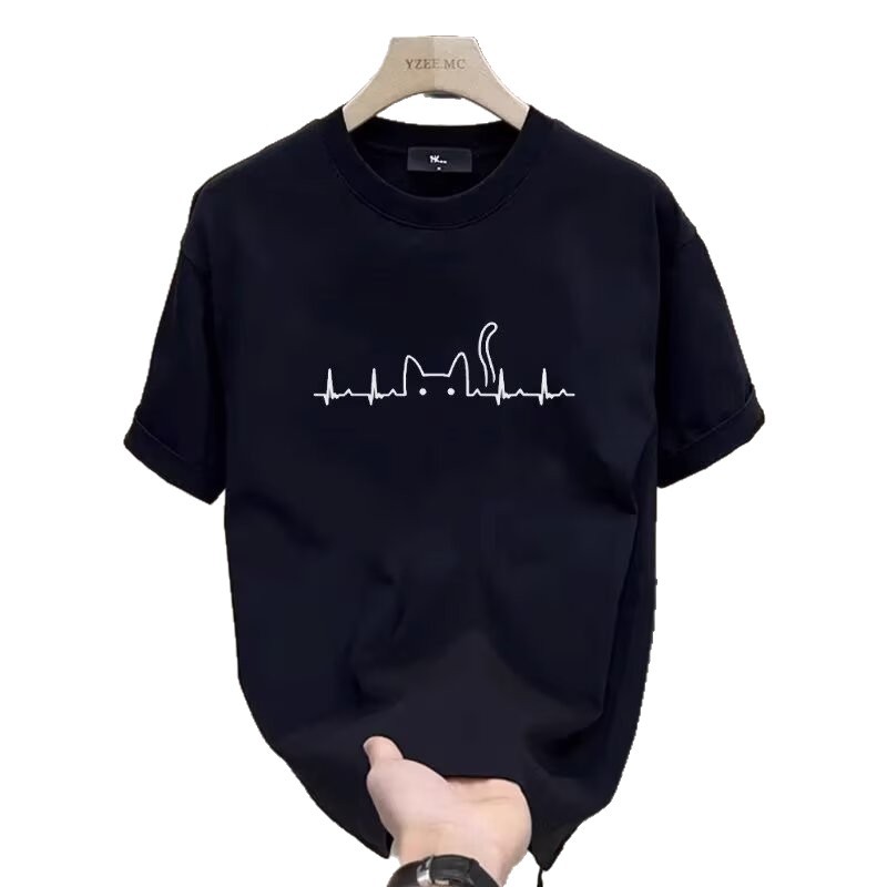 港風帥氣個性貓咪印花圓領百搭短袖T恤