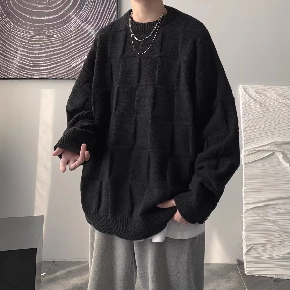 慵懶風復古圓領寬鬆潮流百搭慵懶格子針織毛衣