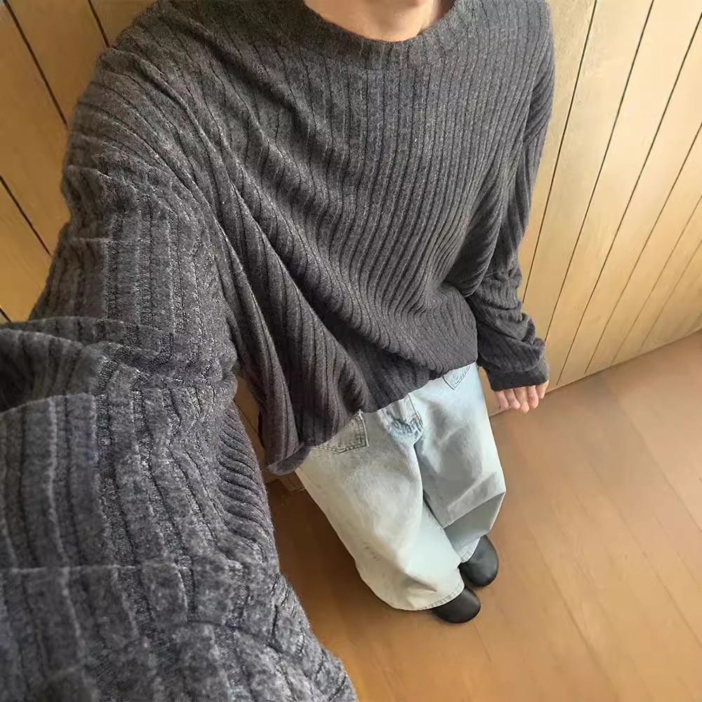 潮流坑條cleanfit慵懶風高級感圓領長袖t恤