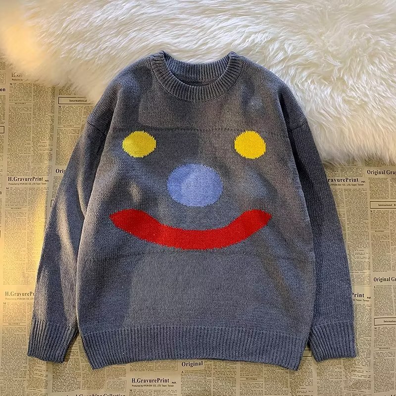 美式慵懶風寬鬆百搭針織衫小雪人笑臉毛衣-vivivale