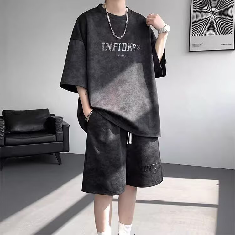 【整套】港風復古美式高街紮染寬松短袖+百搭休閑短褲兩件套裝