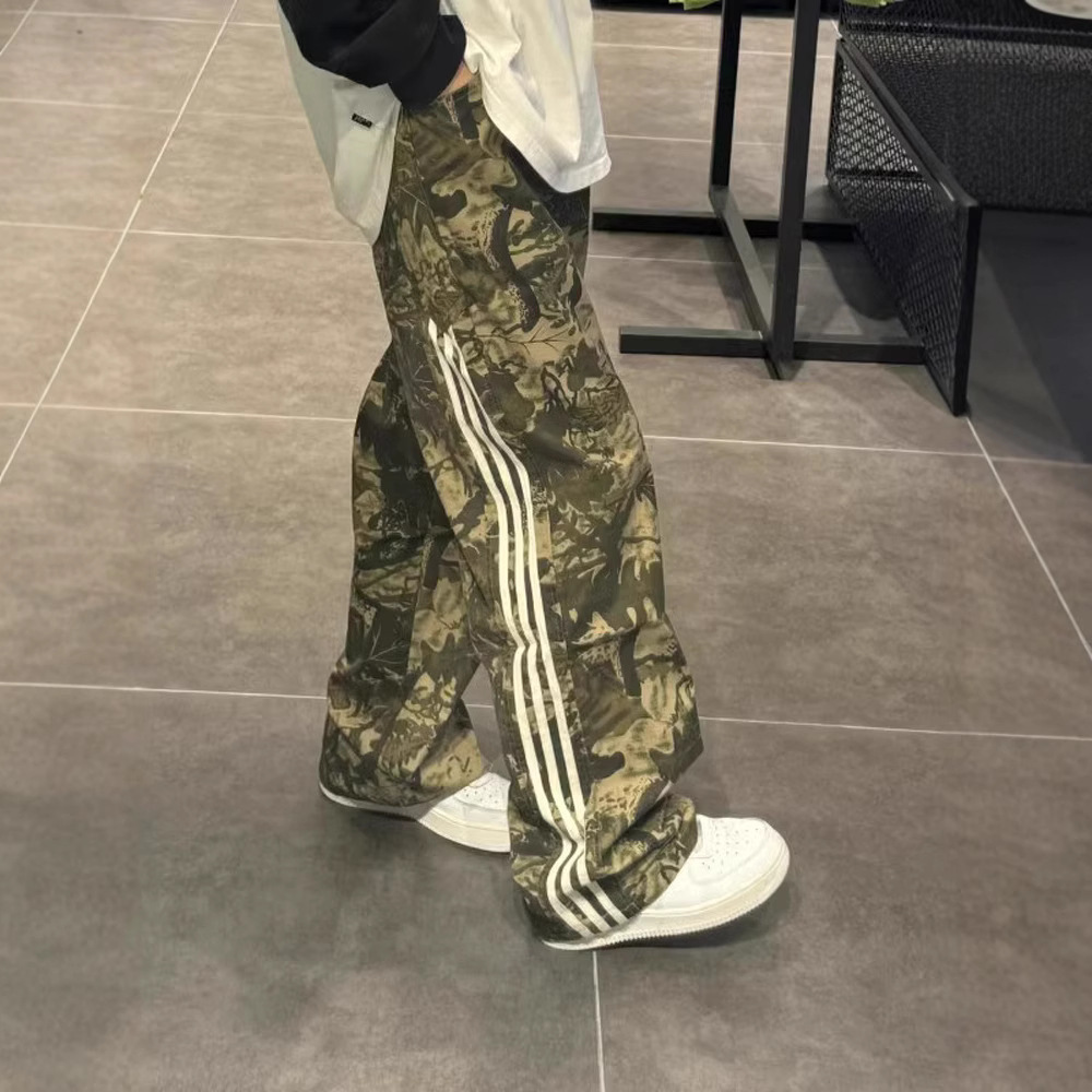 三杠條紋美式復古直筒hiphop迷彩工裝闊腿褲-vivivale