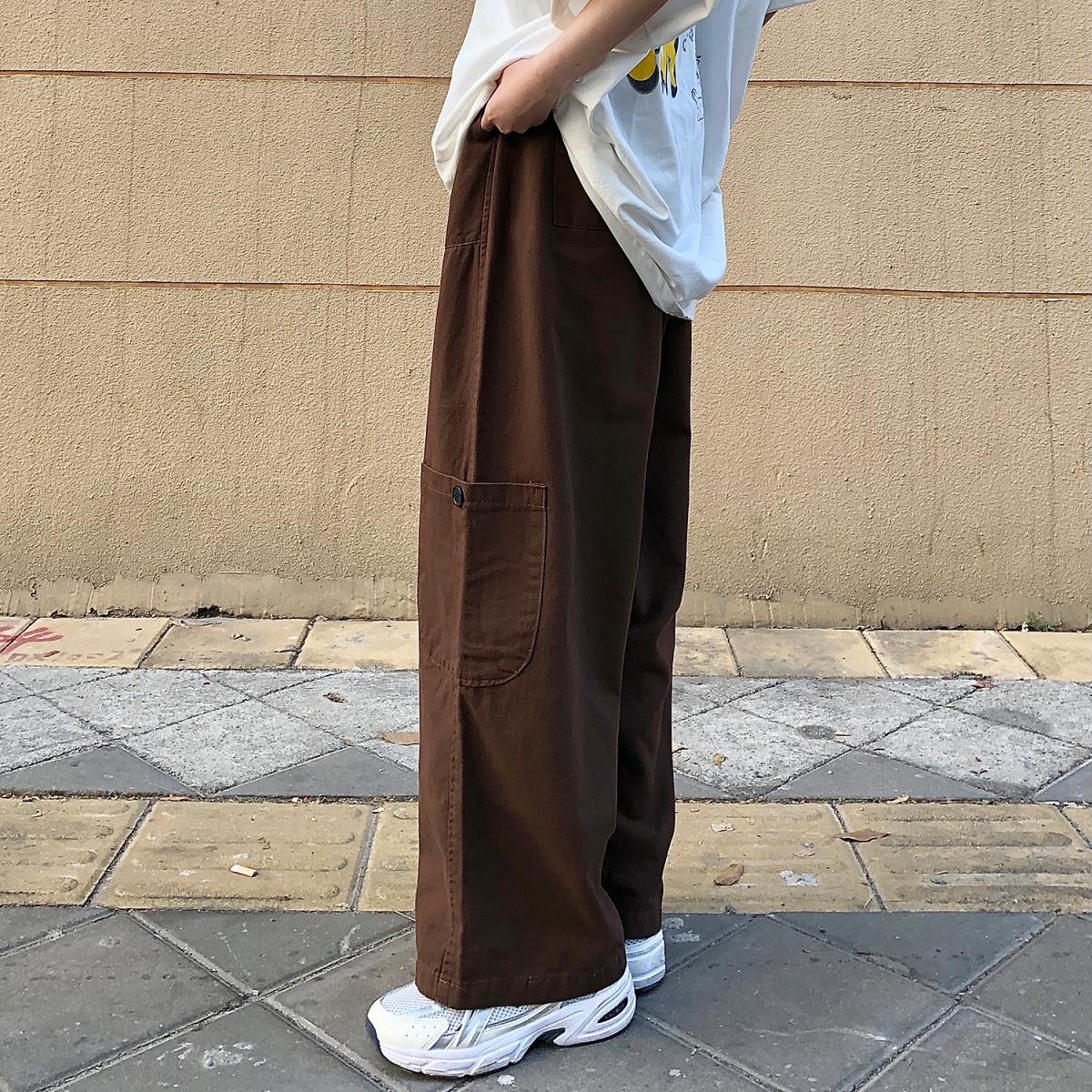 日系大碼休閒復古寬鬆直筒垂感工裝闊腿褲-vivivale