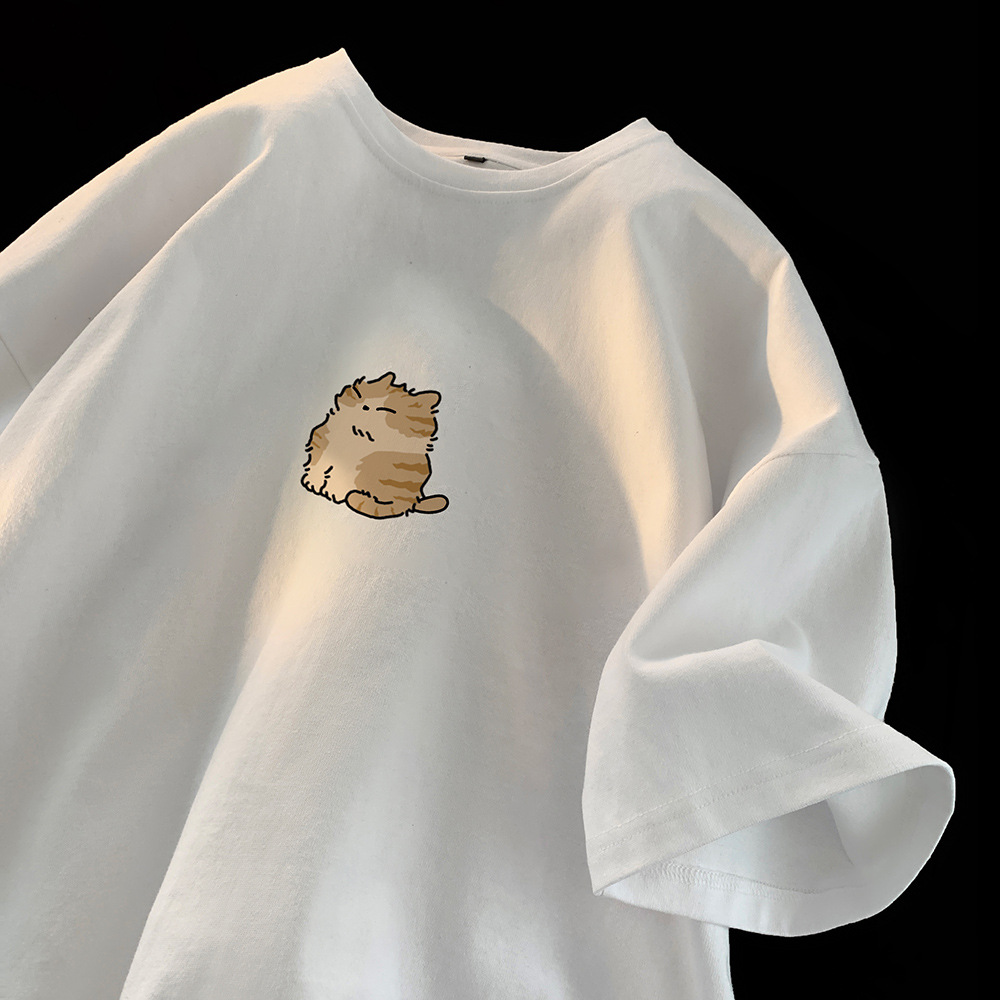 日系簡約oversize百搭寬鬆圓領動物印花短袖T恤-vivivale