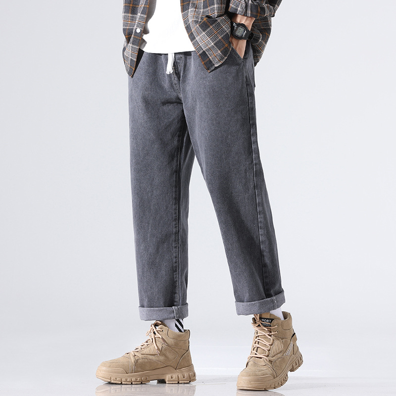 寬鬆直筒鬆緊腰抽繩闊腿休閒百搭牛仔褲-vivivale