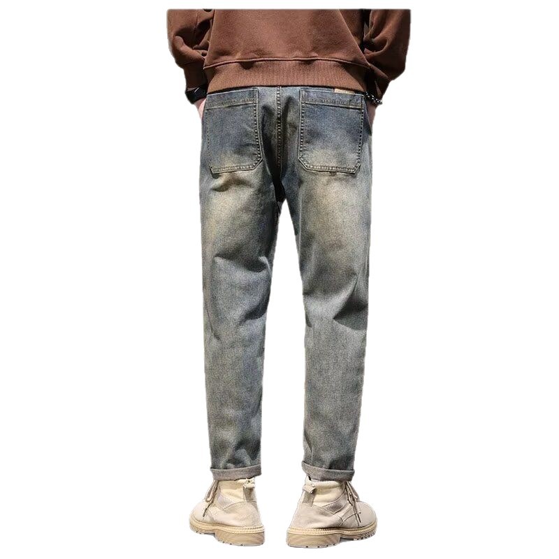 復古潮牌寬鬆直筒工裝休閒九分牛仔褲-vivivale