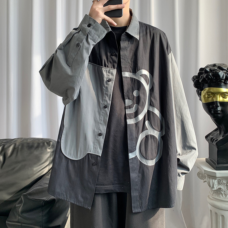 設計感小眾寬鬆bf風長袖趣味小熊拼接襯衫-vivivale