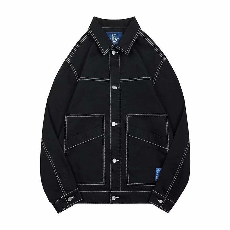 潮牌明線工裝翻領單排扣長袖夾克-vivivale