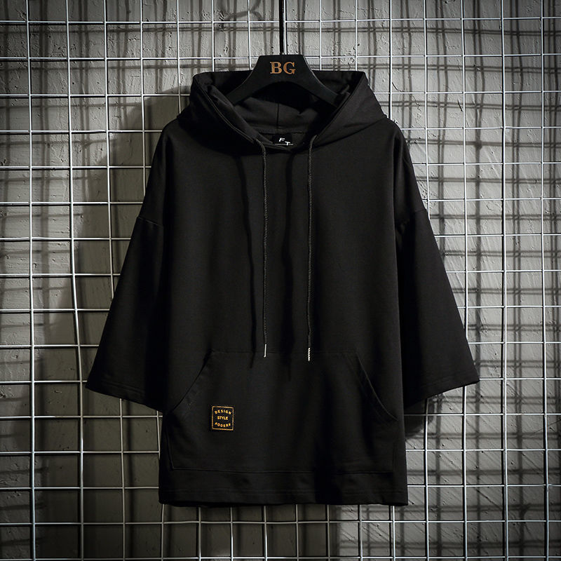 日系連帽衫大口袋套頭七分袖T恤-vivivale