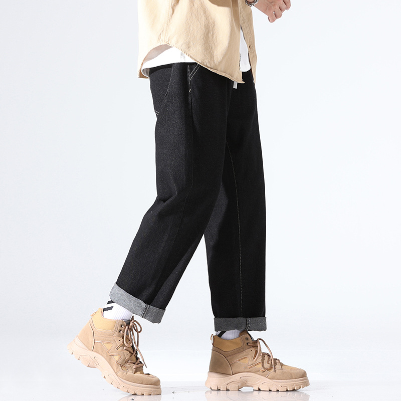 寬鬆直筒鬆緊腰抽繩闊腿休閒百搭牛仔褲-vivivale