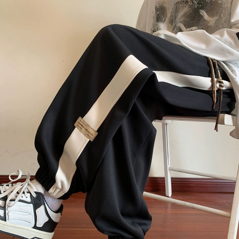 美式運動潮流拼色九分束腳寬鬆闊腿休閒褲-vivivale