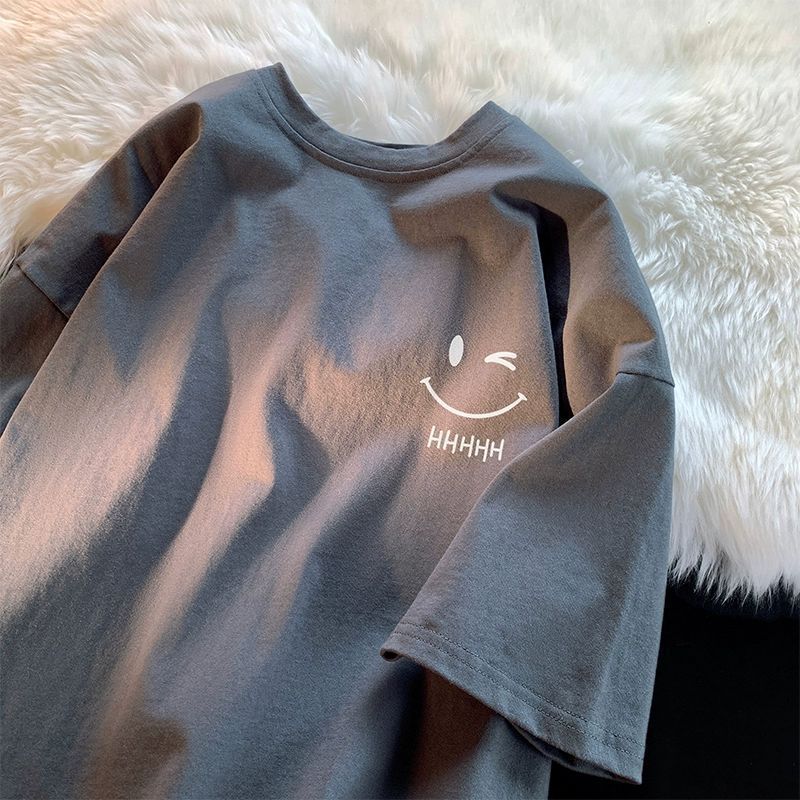 百搭純棉笑臉印花寬鬆圓領簡約短袖-vivivale