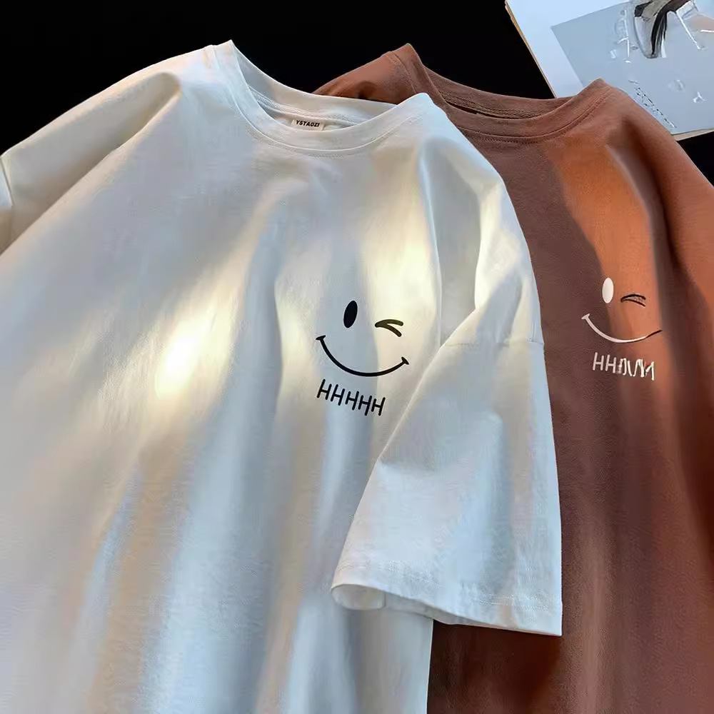 百搭純棉笑臉印花寬鬆圓領簡約短袖-vivivale