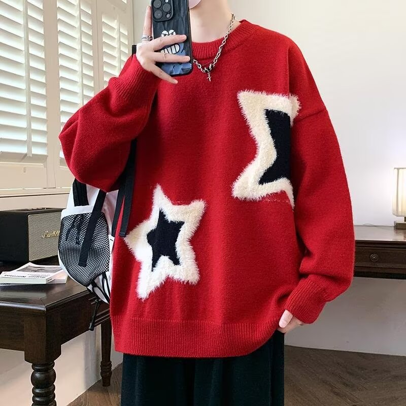 寬鬆加厚鹿毛絨星星提花打底慵懶針織毛衣-vivivale