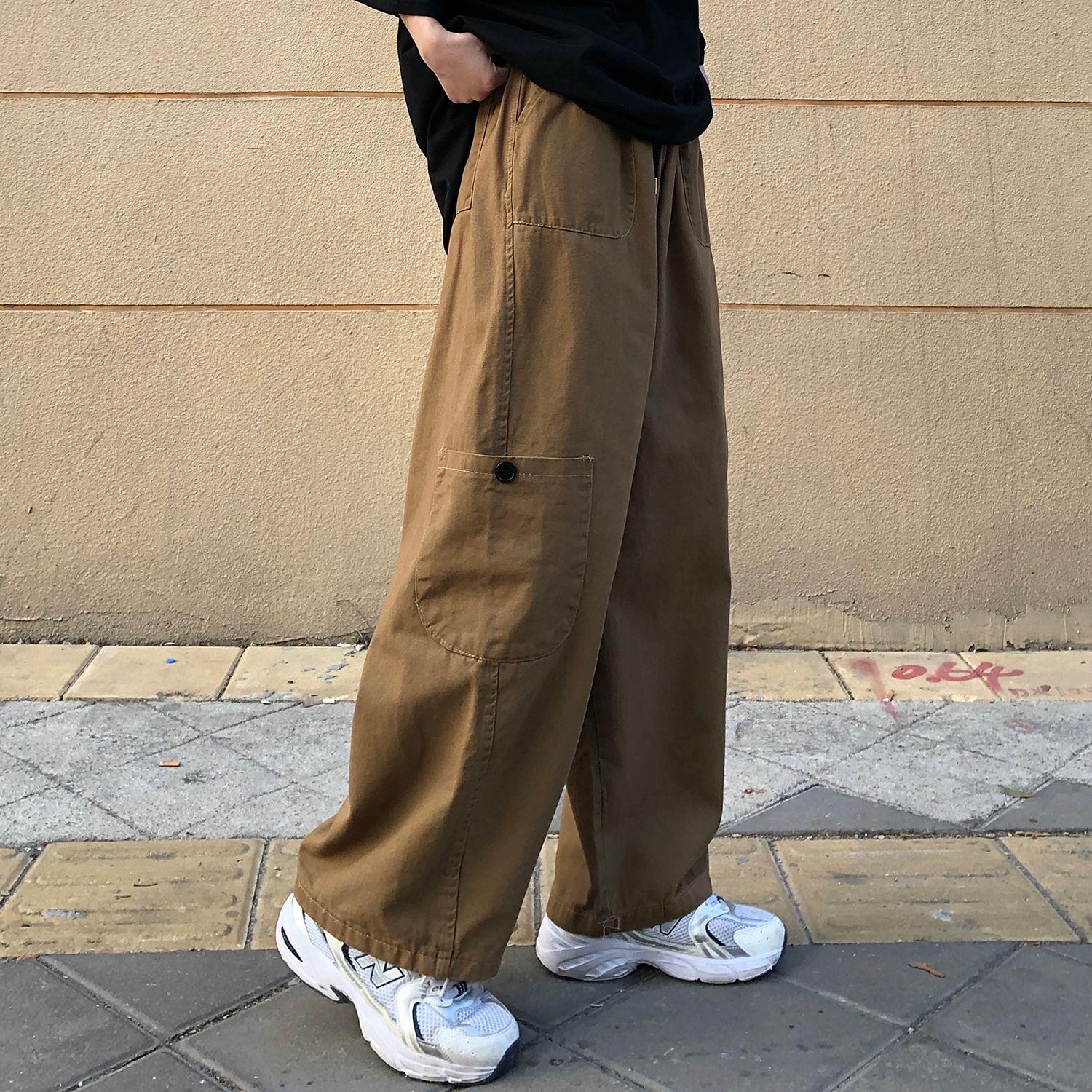 日系大碼休閒復古寬鬆直筒垂感工裝闊腿褲-vivivale
