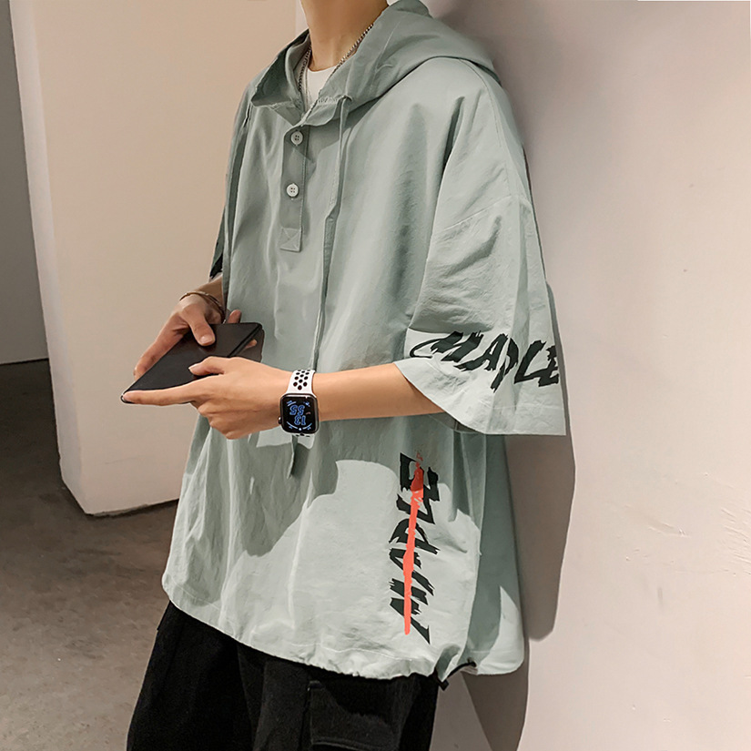 青少年港風連帽透氣短袖t恤 夏季hiphop高街嘻哈寬鬆連帽體恤短袖