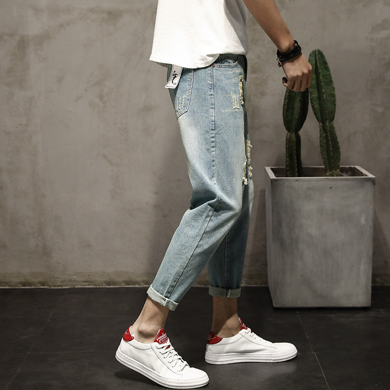 破洞休閒潮流寬鬆九分小腳九分牛仔褲