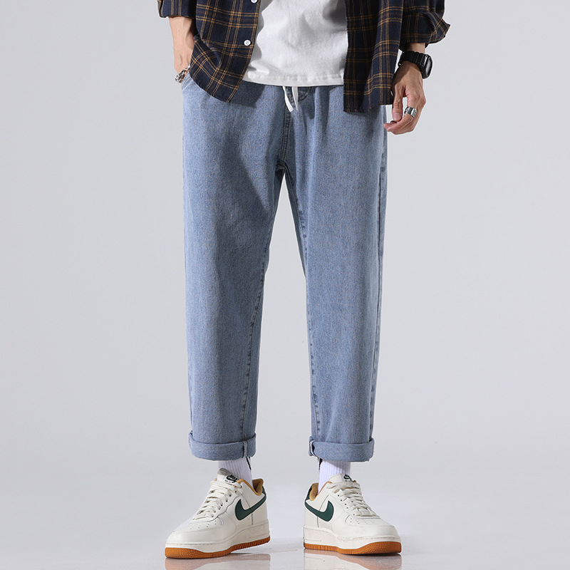 寬鬆直筒鬆緊腰抽繩闊腿休閒百搭牛仔褲-vivivale