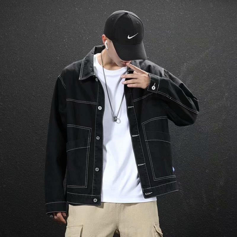 潮牌明線工裝翻領單排扣長袖夾克-vivivale