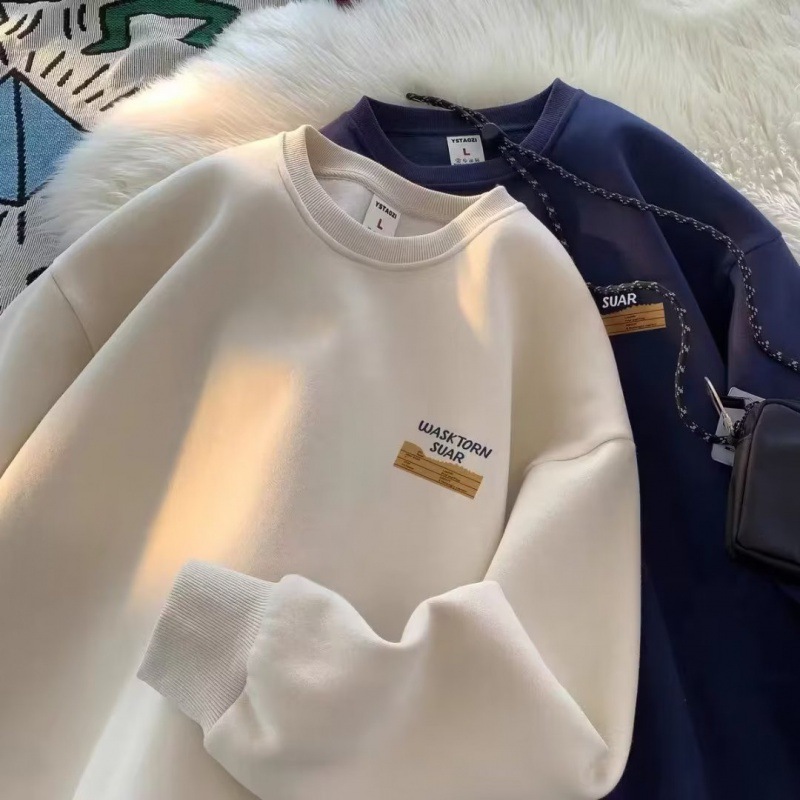 美式痞帥復古重磅圓領加絨寬鬆帥氣長袖T恤-vivivale