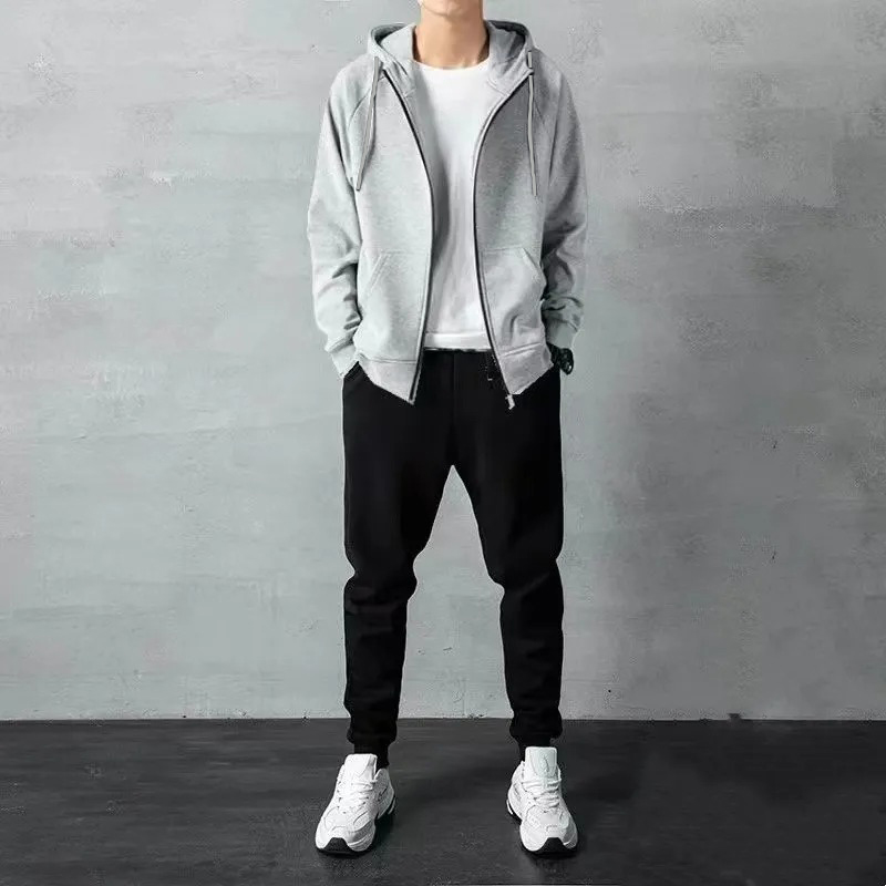 【套裝】簡約連帽長袖拉鍊夾克+休閒束腳運動褲裝兩件套套裝-vivivale