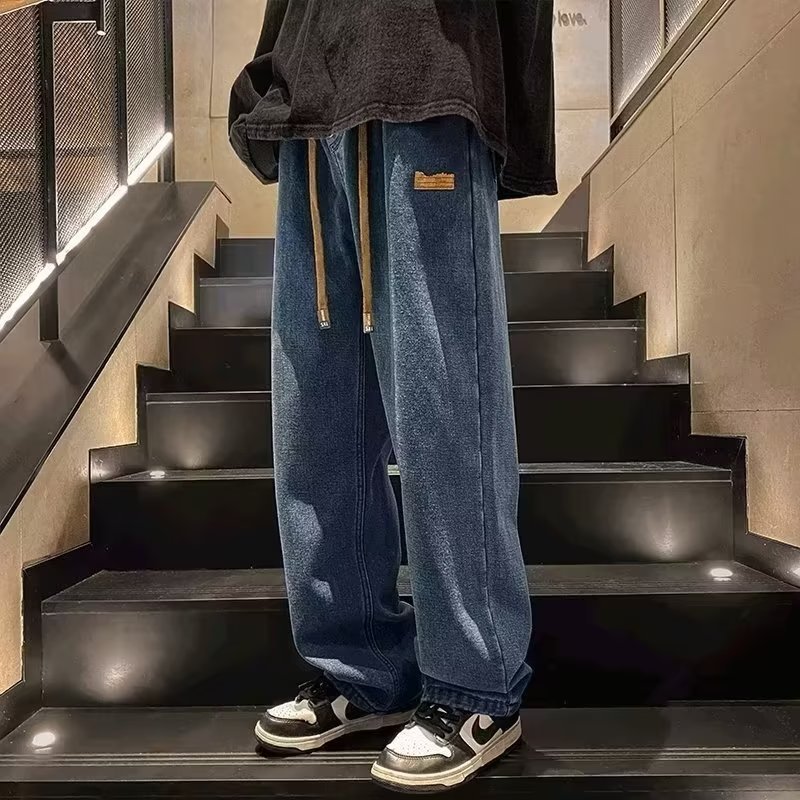 港風潮流ins寬鬆直筒褲時尚貼標闊腿牛仔褲