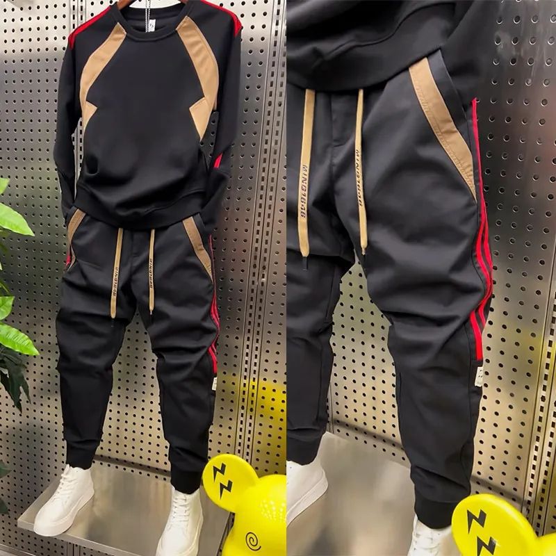 【單件/套裝】時尚寬鬆潮流百搭拼色长袖T恤+運動休閒褲兩件套-vivivale